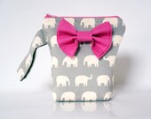 Accessory Pouch Cosmetic Case MakeUp Bag Lens Pouch Zippered Grey Elephant with Pink Double Bow