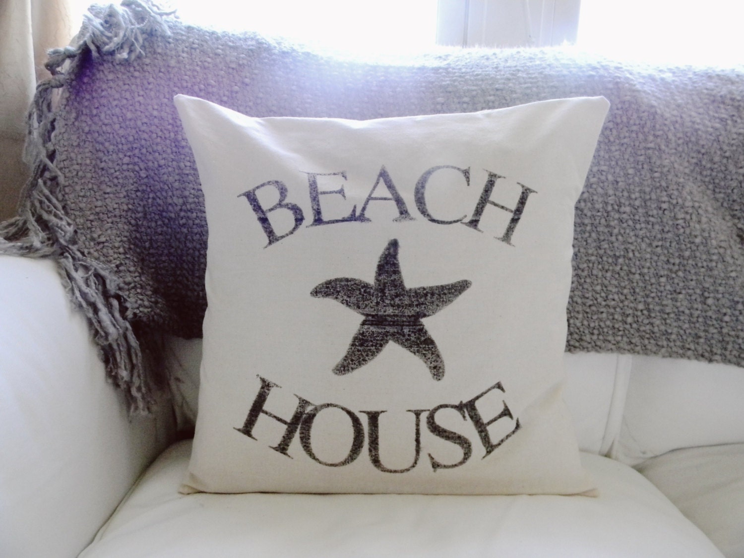 Beach House 16 x 16 Pillow Cover, summer home decor, patrioticstar fish, nautical, present, houswarming gift