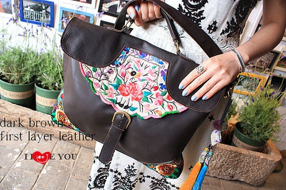 dark brown leather shoulder bag Hmong/Tribal style, with vintage embroidered piece, vintage redesign
