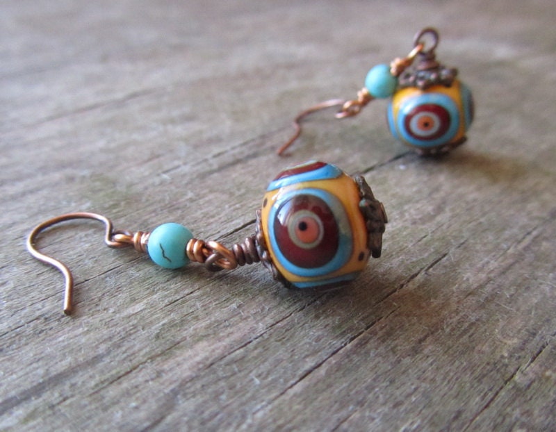Lampwork earrings - tribal earrings - multicolor earrings - turquoise - copper - dangle - europeanstreetteam