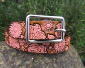 Hand Painted Tooled Leather Belt - 1 Inch Wide - Flower Bouquet - Adult, Kids or as a lovely Dog Collar