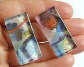 OOAK Abstract Painting Recycled Material Glass Tile Earrings Post Studs Art Teacher Watercolor Upcycled Paper Magazine Statement Jewelry