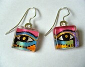 OOAK Third Eye Colorful Egyptian Recycled Material Glass Tile Earrings Dangle Wire Hooks Upcycled Paper Calendar Jewelry