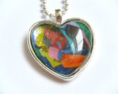Red Blue Yellow Orange Abstract Colorful Design Heart Silver Glass Tile Pendant Magazine Upcycled Recycled Material Necklace Jewelry