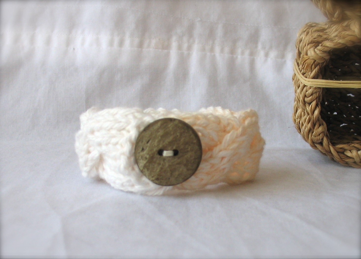 Cabled Hand Knit Bracelet Vanilla Cream and White Cuff