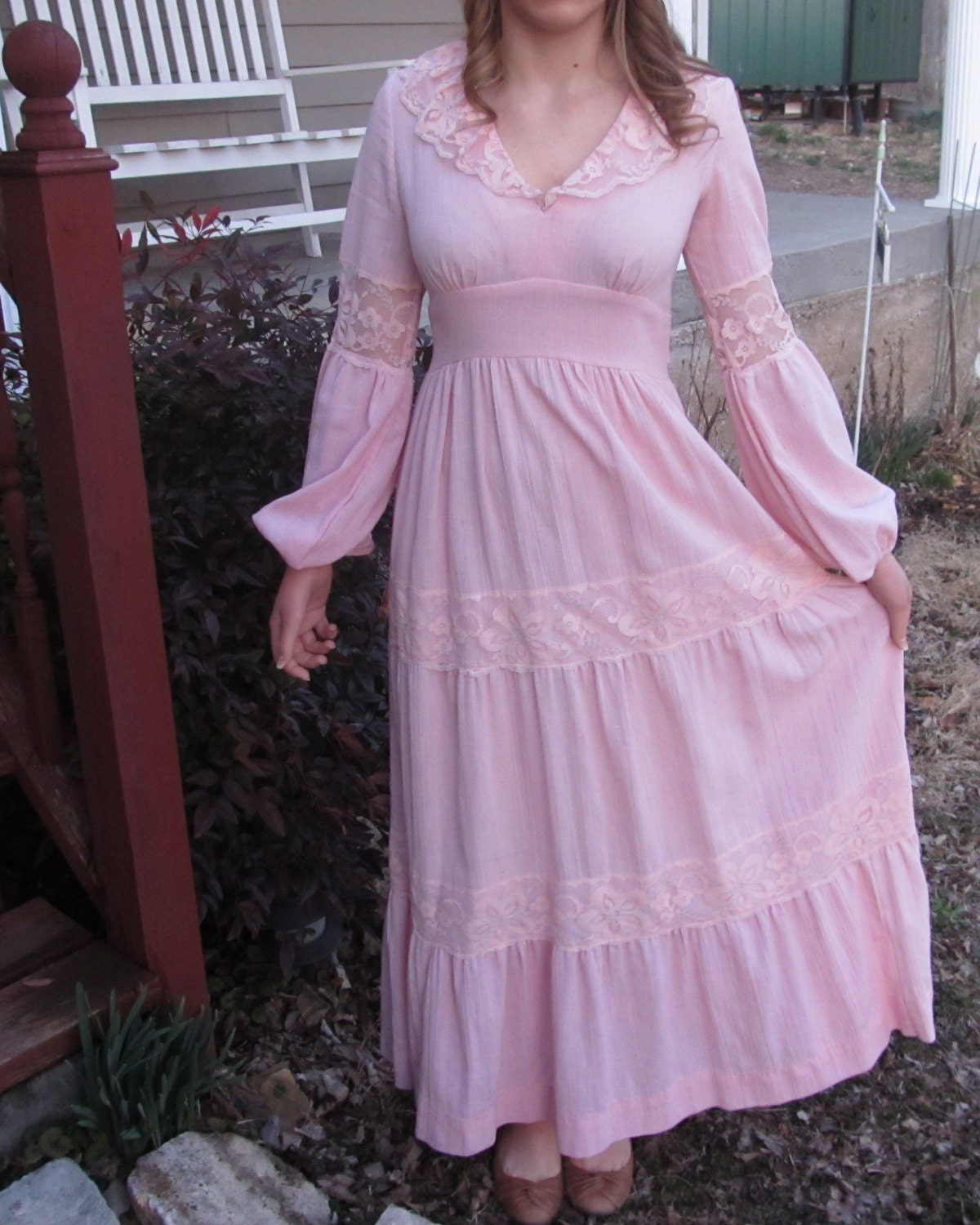 Vintage, 70's, Pink, Maxi, Long, Gunne Sax, Boho, Victorian, Period, Reenactment, Dress, Medium