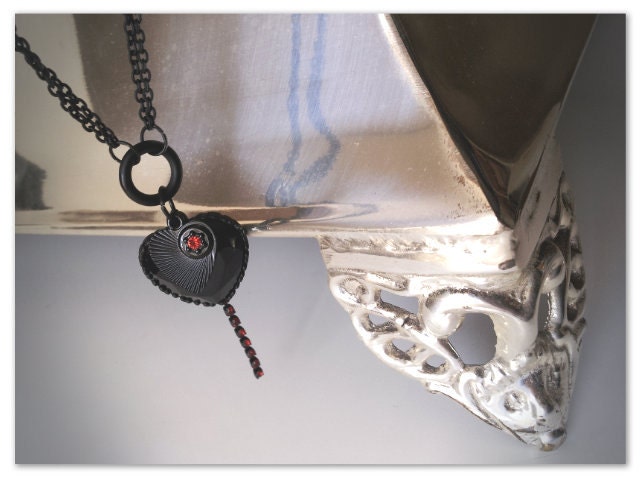 Jet heart- Black rhinestone heart with red rhinestone beaded chain victorian necklace elegant chic goth edwardian nouveau boho noir jewelry