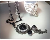 Midnight Dance- Round black glossy stone pearled pendant elegant filigree necklace victorian chic goth edwardian nouveau boho noir jewelry