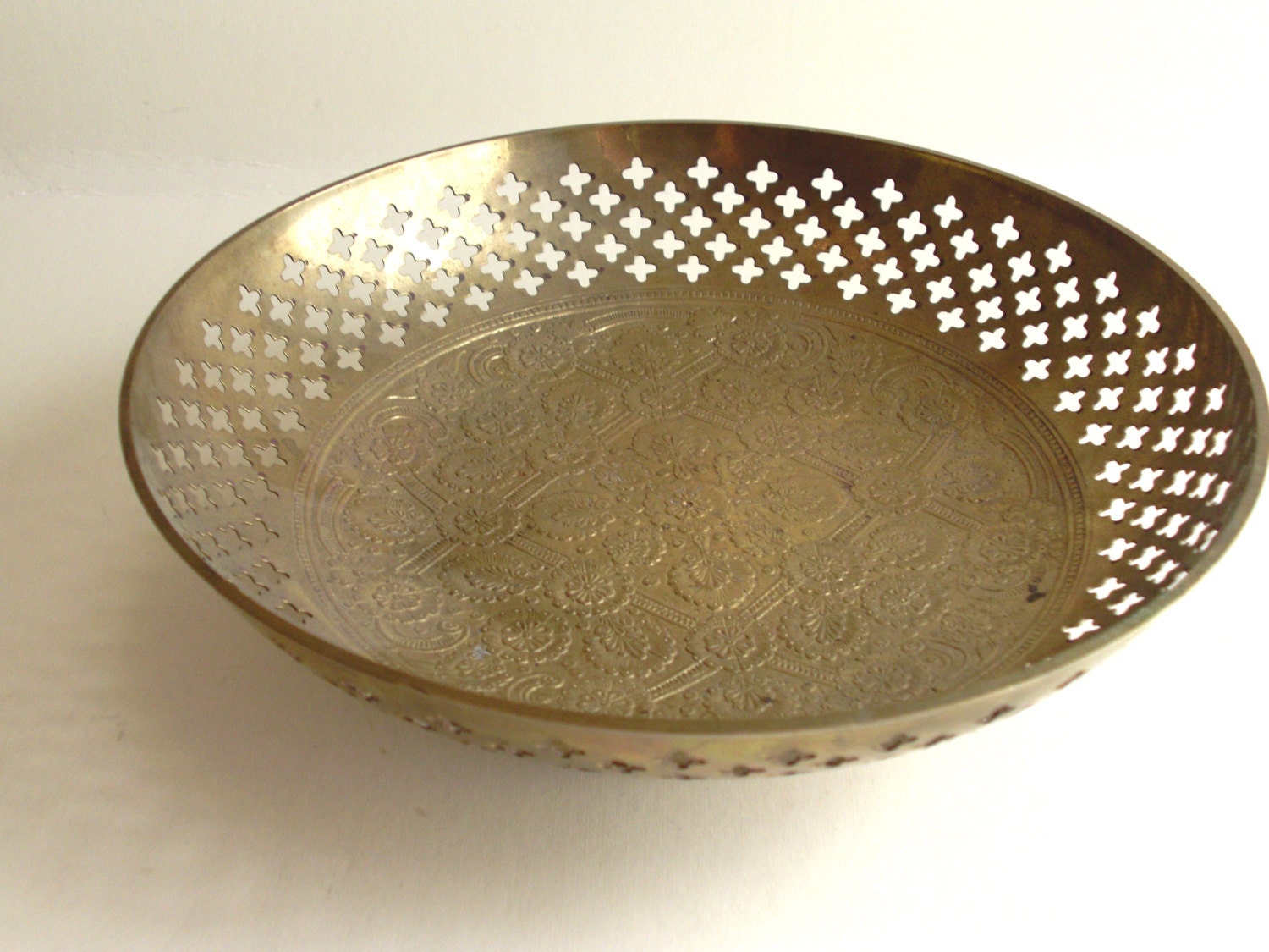 Vintage Large Brass Footed Bowl Tray with Moroccan Style Quarterfoil Cut Out