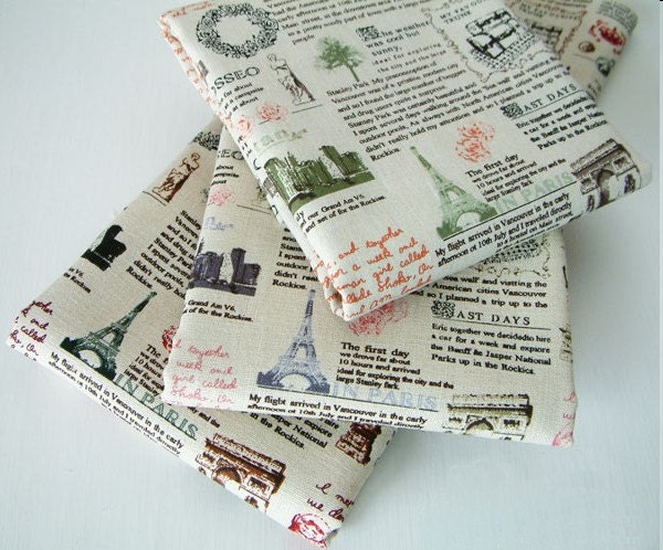 Newspaper fabric, cotton linen fabric, fat quarter bundle of 3, purple, dark green and green, linen cotton fabric