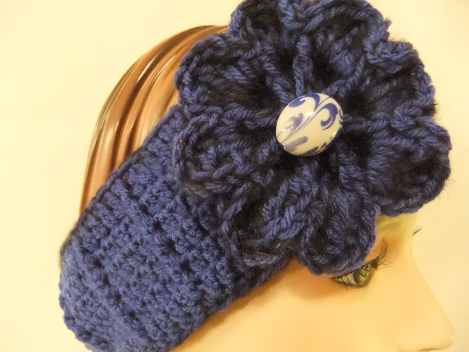 Handmade Crocheted Woman Girl Head Band Ear Warmer Dark Blue Royal Blue Crochet Handmade Headband Accessory with Flower and Button
