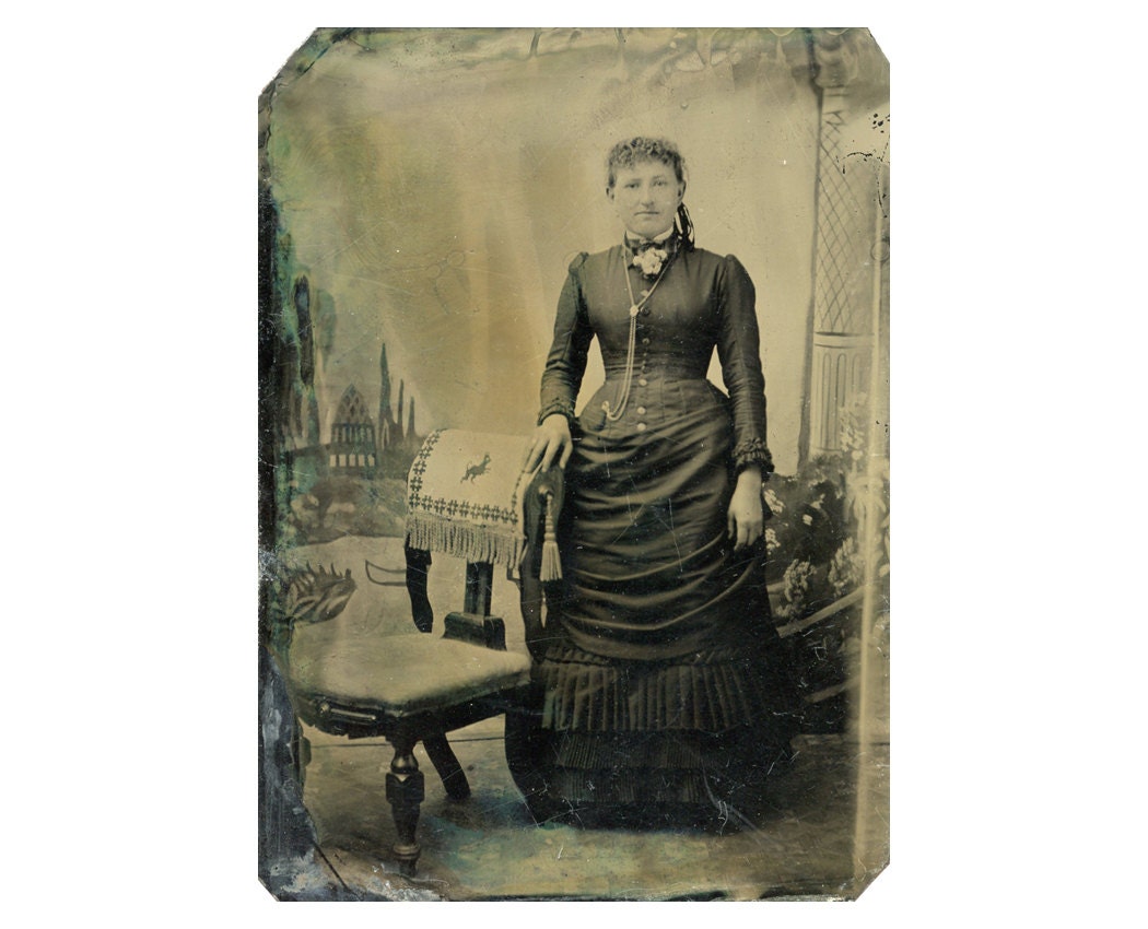 Vintage Tintype - Woman with Curly Bangs in Long Layered Dress and Corset with Victorian Fringe Chair - Old 1800's Antique Photo,