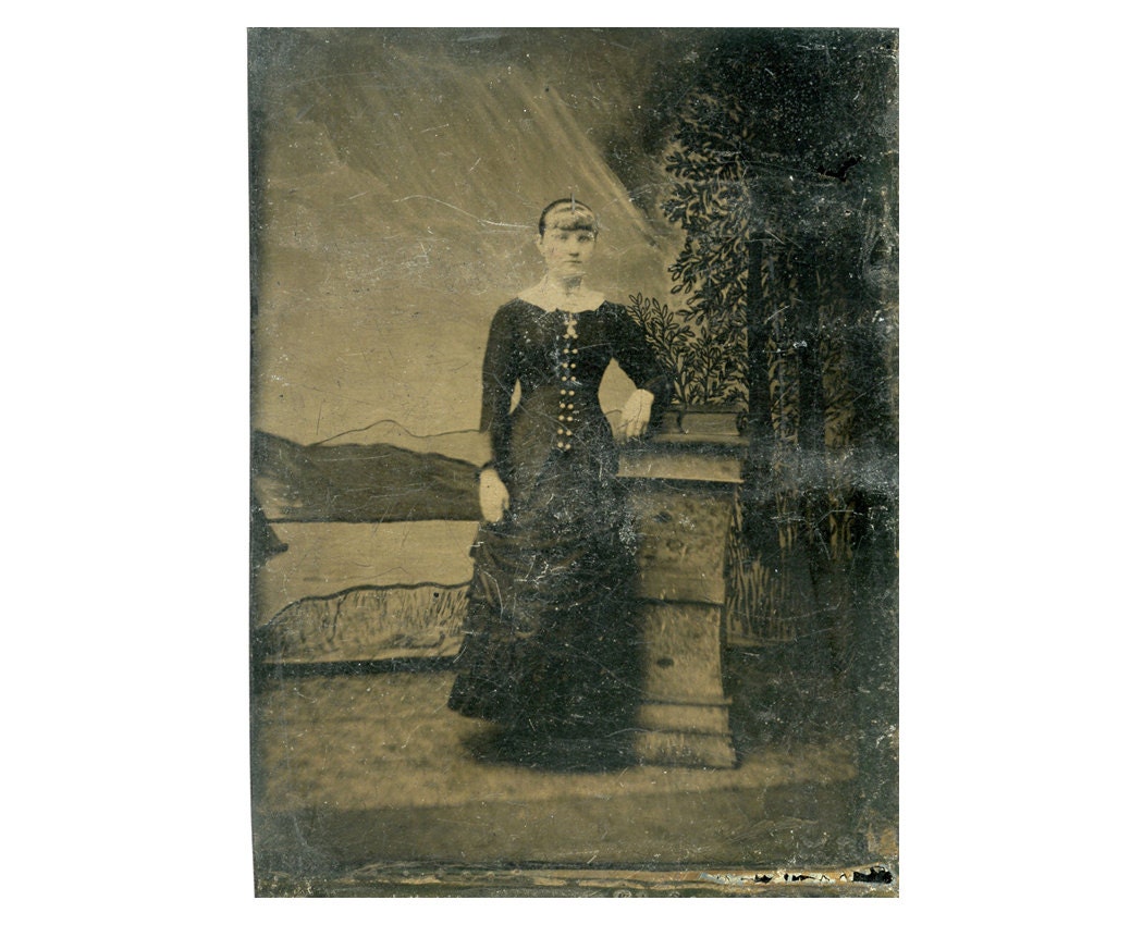 Vintage Tintype -Young Woman in Button Up Dress and Collar Against Mountain Backdrop, 1800s Antique Photo Old Picture,