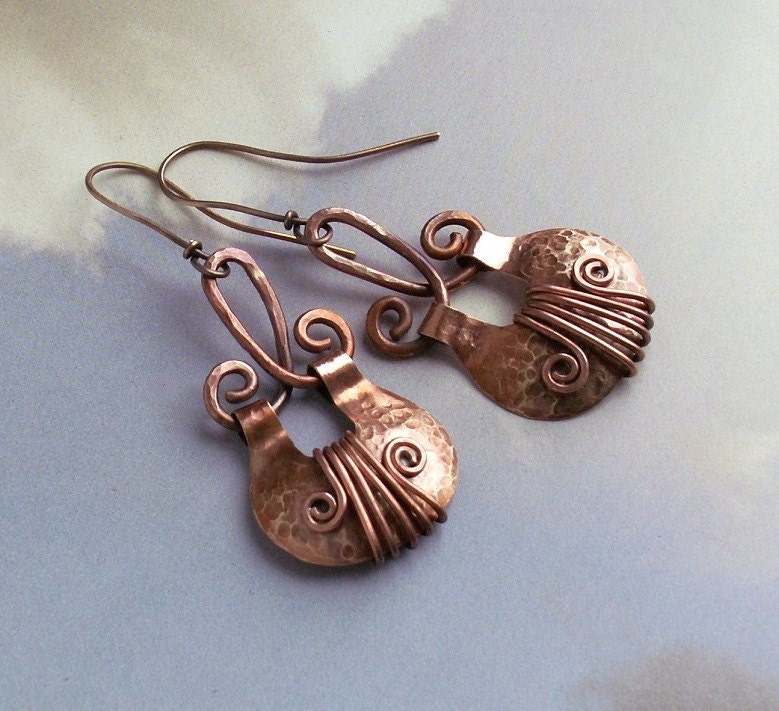 Brass dangle earrings handmade,  metalwork, copper jewelry
