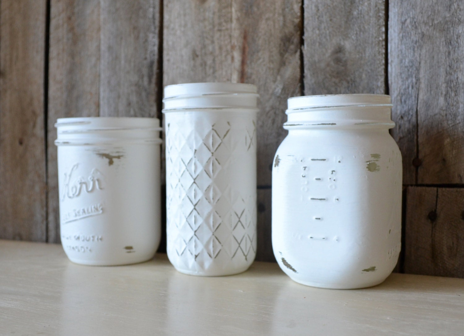 Hand Painted Vintage White Mason Jars - Set of 3