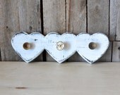 Vintage White Heart Wooden Jewelry or Key Hanger With Gold Knobs