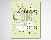 Dream Big Little One Nursery Decor Digital Art Print Green Brown Moon Stars Typography Artwork Baby Boy Bedroom Kids playroom Wall picture