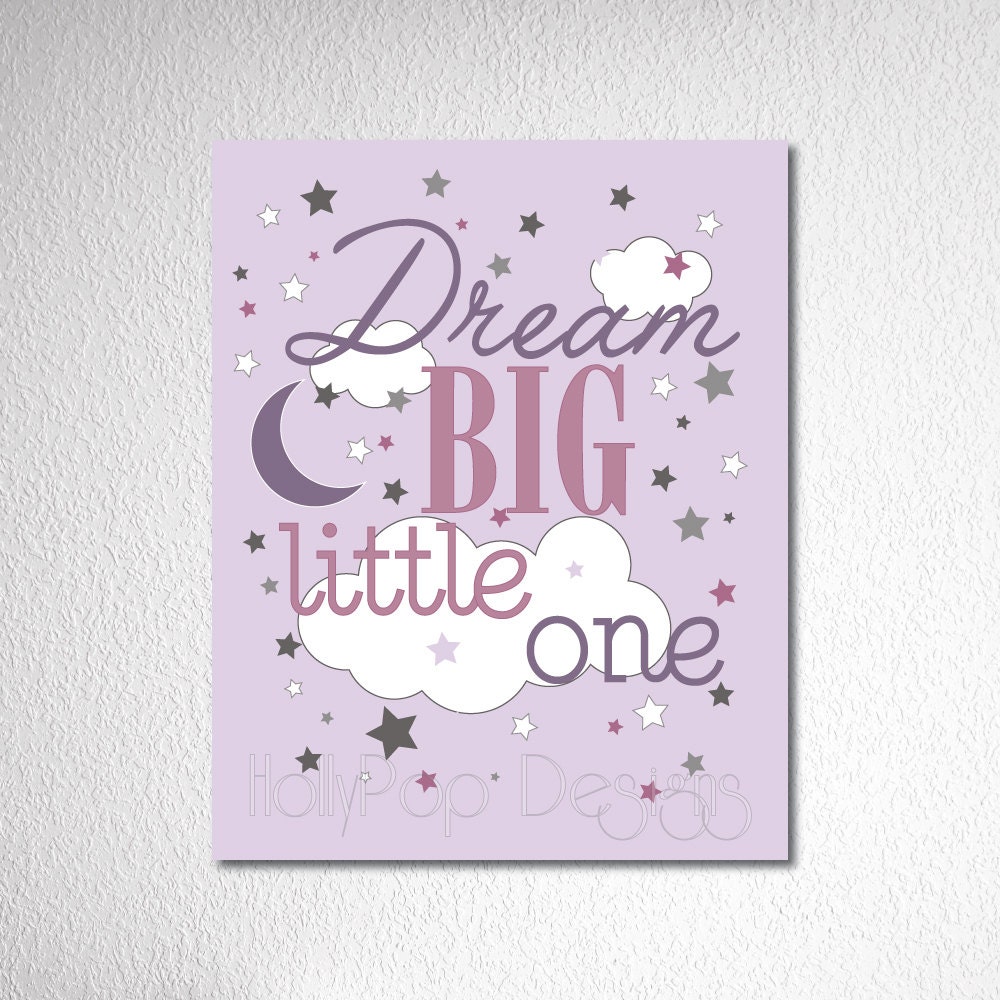 Dream Big Little One Nursery Decor Purple Lavender Gray Stars Typography Digital Art Print Artwork Baby Girl Bedroom Kid  Wall picture