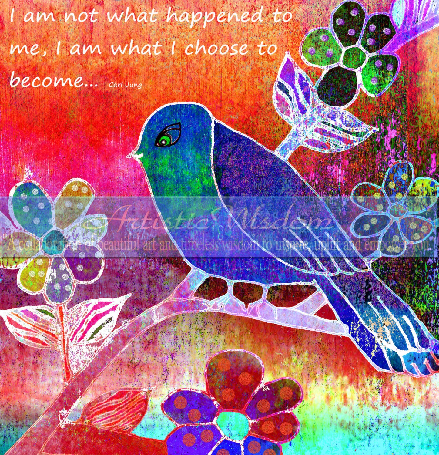 I am not what happened .. original digital and watercolor inspirational wisdom collage art tree leaves hills landscape print 8 x 8