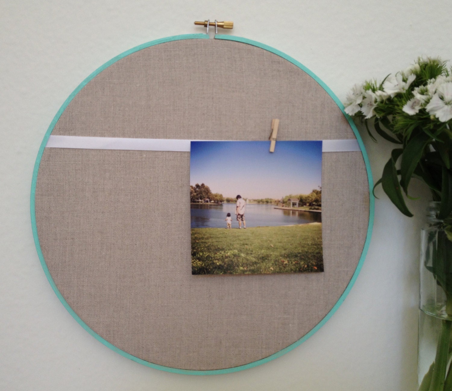 Tiffany blue painted, embroidery hoop for hanging instagram photos