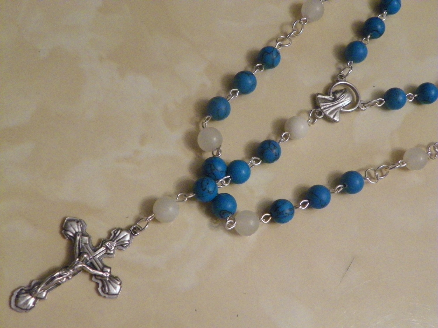 Handmade rosary necklace made with turquoise (imitation) beads and jasper gem stones