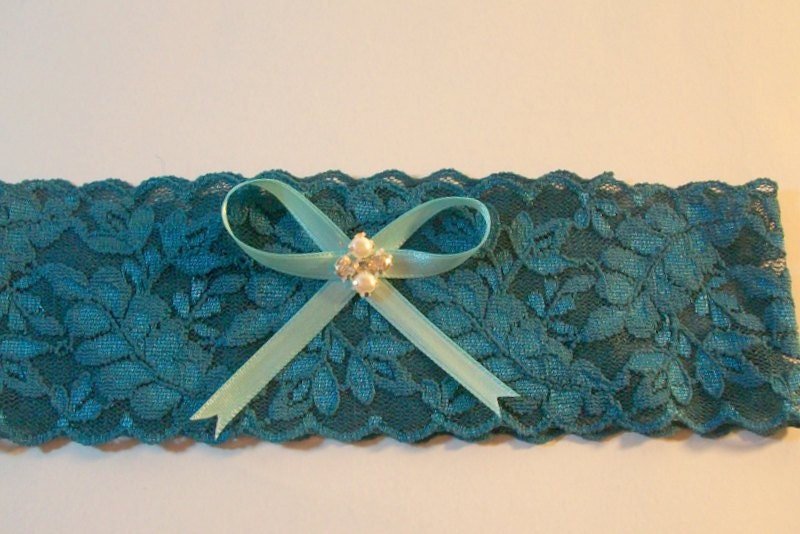 Wedding garter, Bridal garter, Lace Garters, Teal Green Garter, pearl rhinestone satin bow green garter, Turquoise - Tiffany Blue bow