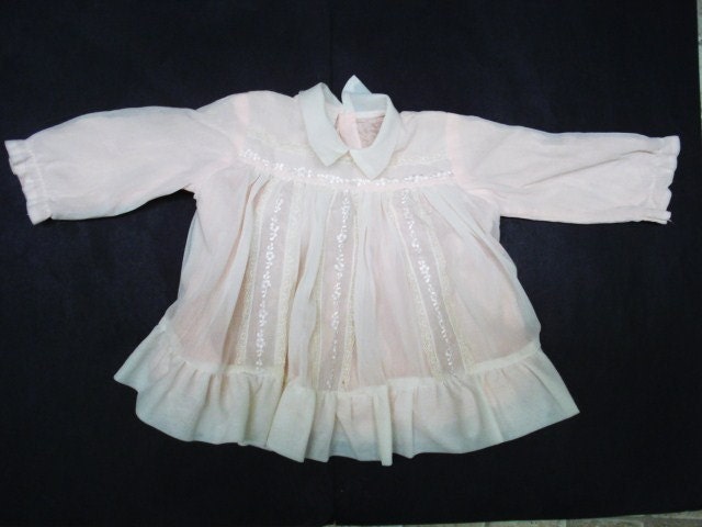 Vintage Childs Dress  Baby  2 Months  Girls Dress  Pastel Pink  Lined Embroidery  Lace  Cotton and Polyester