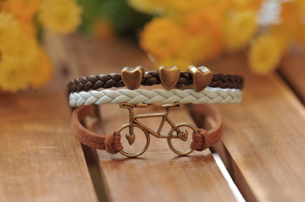 Charm Bracelet  bike bracelet, love bike with love heart Pandora bead,alloy bracelet,brown and blue leather braid bracelet---B025
