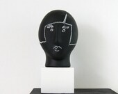 Chalk Board Face - Black & White Sculpture - Painted Ceramic Bust with Wood Base - Modern Home Decor