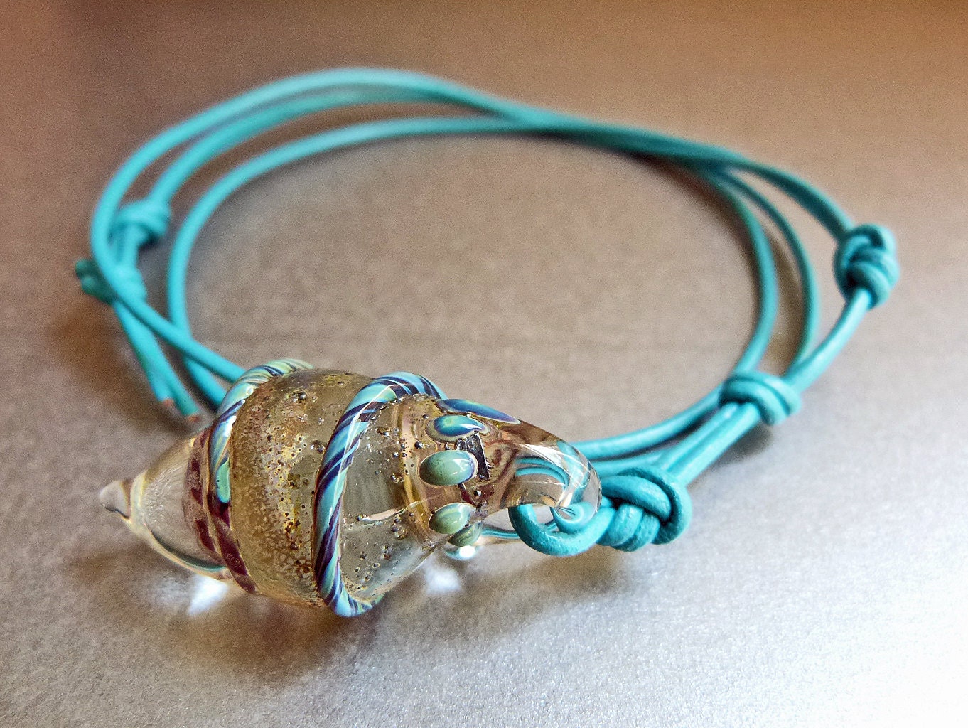 Hand Blown Glass Pendant Necklace, Turquoise Leather Cord - SivaniJewelry