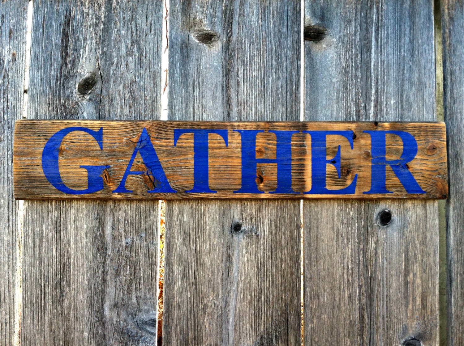 Rustic Handmade Wall Decor - GATHER Wooden Sign in Natural Wood and Distressed Blue