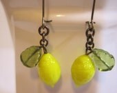 Vintage Lemon Yellow Glass Fruit Earrings Dangles Drops Spring Summer Jewelry Czech Glass Leaves Brass Earwires