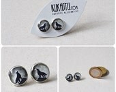 Moon Stud Earrings Moon Jewelry Wolf and Moon Earrings Twilight Full Moon Black White Gray Moon Wolf Silhouette Studs Earrings