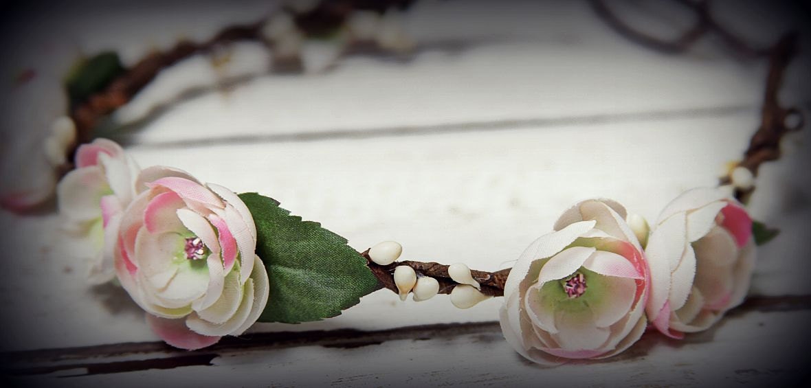 Flower head wreath-Woodland Flower crown Fabric Flowers with Rhinestone centers & faux berries