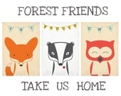 Retro posters - A3 set - forest animals - vintage print, wall decoration, nursery retro wall decor, cute baby animals, fox, badger, owl