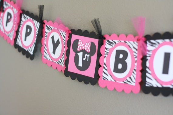 Minnie Mouse Hot Pink Black Zebra Inspired Happy Birthday Banner - Party Pack Specials Available