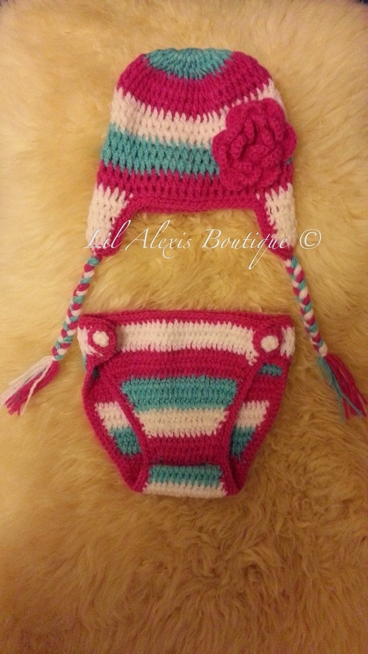 Pink ear flap crochet diaper cover and hat set perfect for newborn infant baby girl or boy photo prop