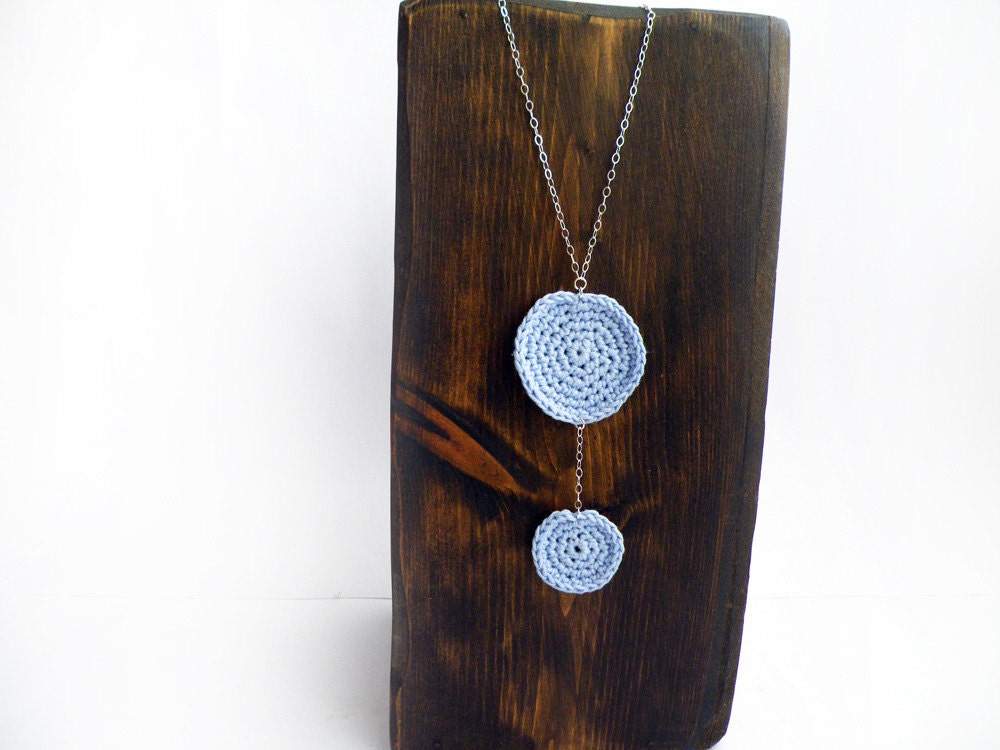 Long Sterling Silver Necklace Cotton Crochet Circles Pastel Sky Blue Spring Summer Trends by SteamyLab