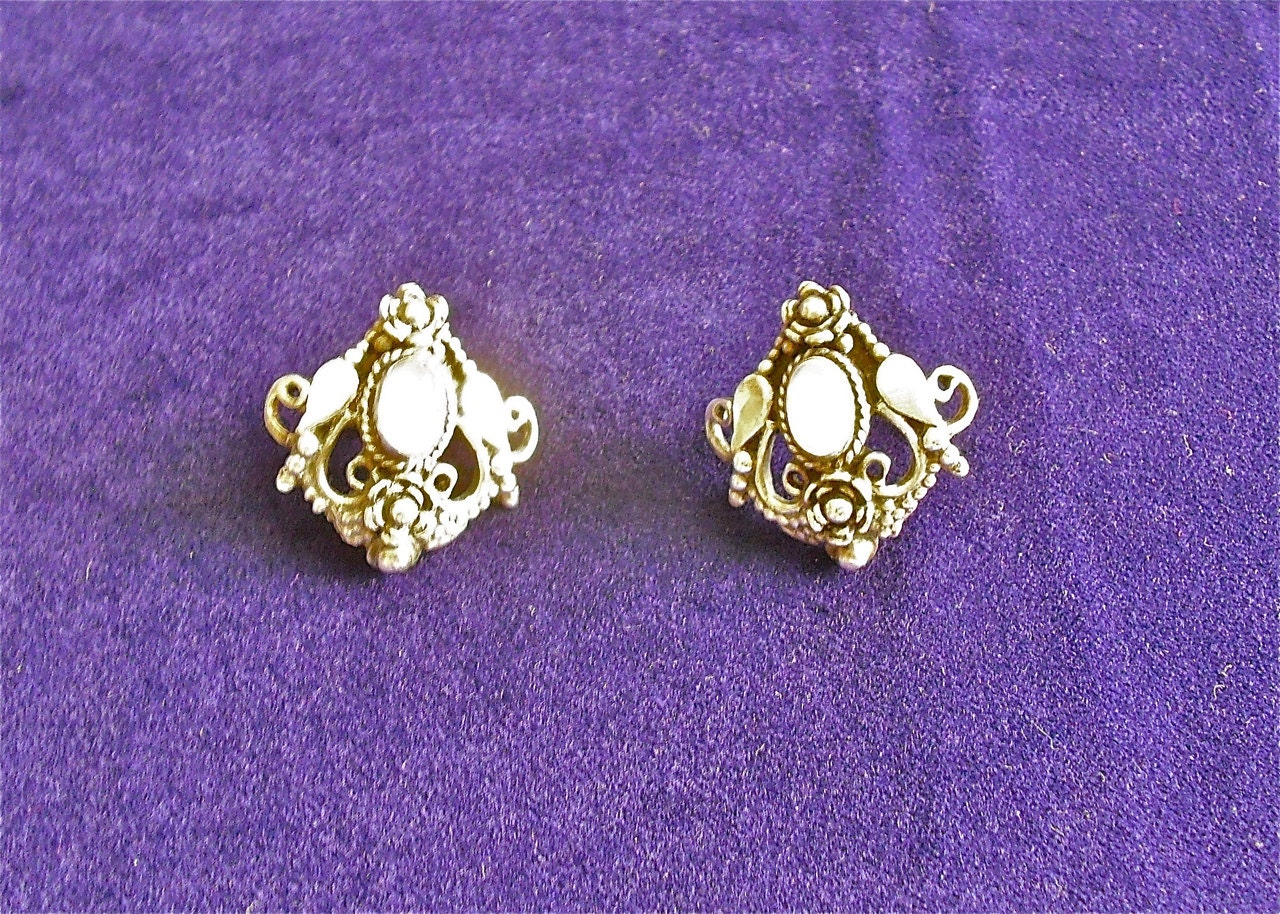 Vintage Silver and Opal Earrings - Screw Backs