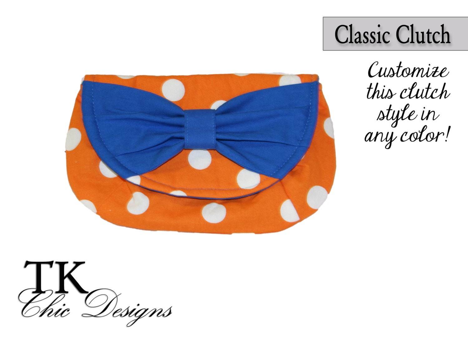 UF inspired gameday classic clutch in a orange & white polka dot print with a blue accent bow