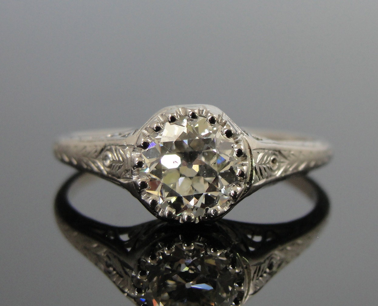 Old European Cut Diamond in Platinum Art Deco Filigree Basket Engagement Ring RGDI451N