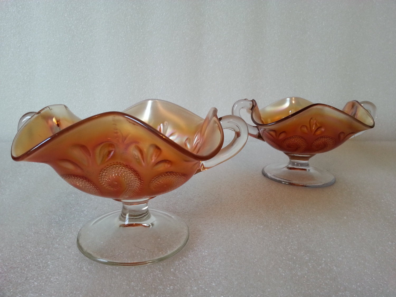 Pair of Antique Dungan Carnival Glass Marigold Question Mark Compotes