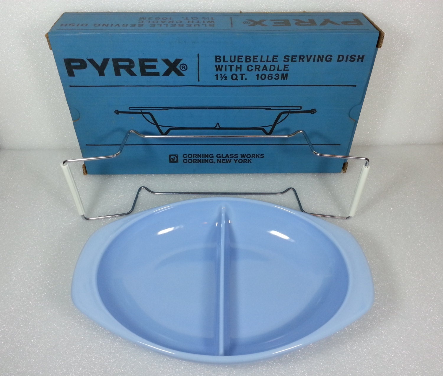 Vintage Pyrex Delphite Blue Oval Divided Dish WITH 2 Handled Stand In Box - MINT