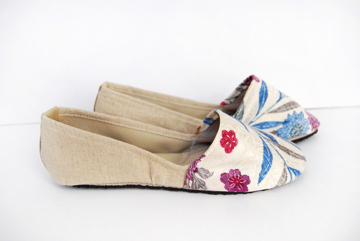 Leather kimono silk and linen handmade flat tom shoes custom made