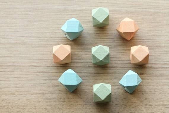 Geometric Hand Painted Wood Beads - 9 pcs of  Pastel orange, Blue and Mint faceted wooden beads - wood supplies - 20mm