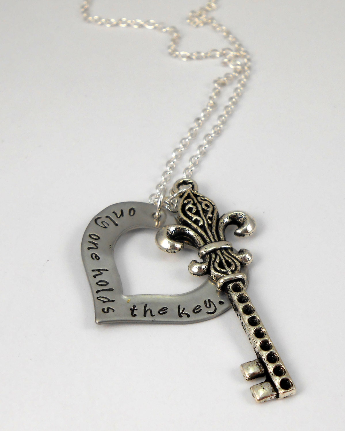 Hand stamped heart with fleur de lis key necklace