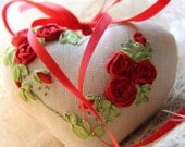 Heart shaped, ribbon embroidered ring bearer pillow, pincushion, home decor hanging ornament. 3 in 1.