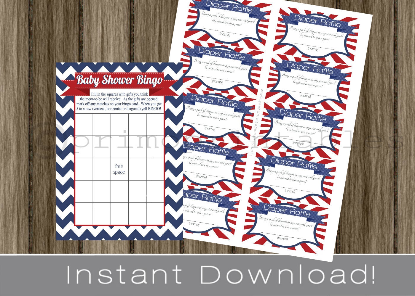 Baby Boy Shower Bingo Game Cards and Diaper Raffle Tickets navy blue chevron and red INSTANT DOWNLOAD diy digital printable file Il_170x135