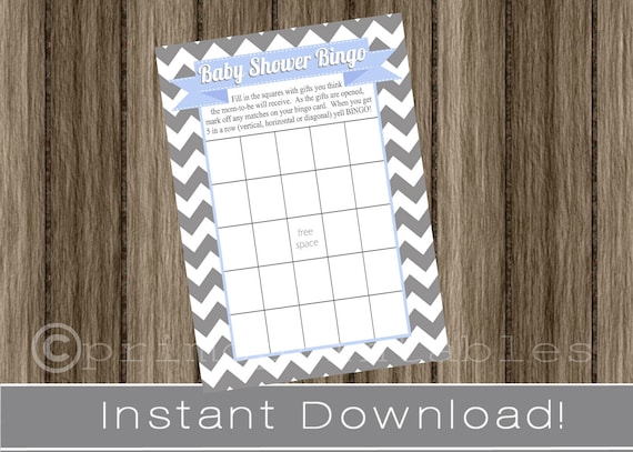 Baby Shower Bingo Game Cards gray chevron and light blue INSTANT DOWNLOAD diy digital printable file print your own Il_570xn