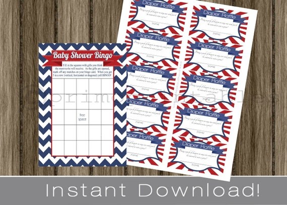 Baby Shower Bingo Game Cards and Diaper Raffle Tickets navy blue chevron and red INSTANT DOWNLOAD diy digital printable file Il_570xn